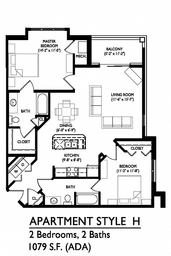 Floor plan for 2 beds, 2 baths, 1079 sqft